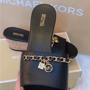 KORS Michael Kors Black and Gold Wedges with Luxe Chain